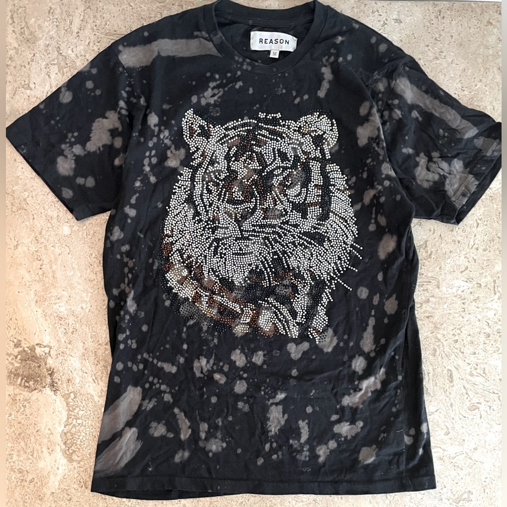 REASON Bedazzled Lion Bleach Splattered Tee
